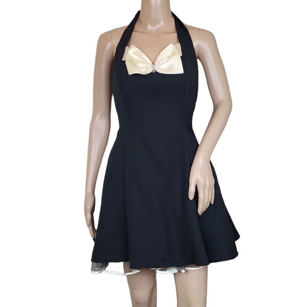 L.A. GLO Vintage 80s 90s Black White Bow Halter Party Prom Dress